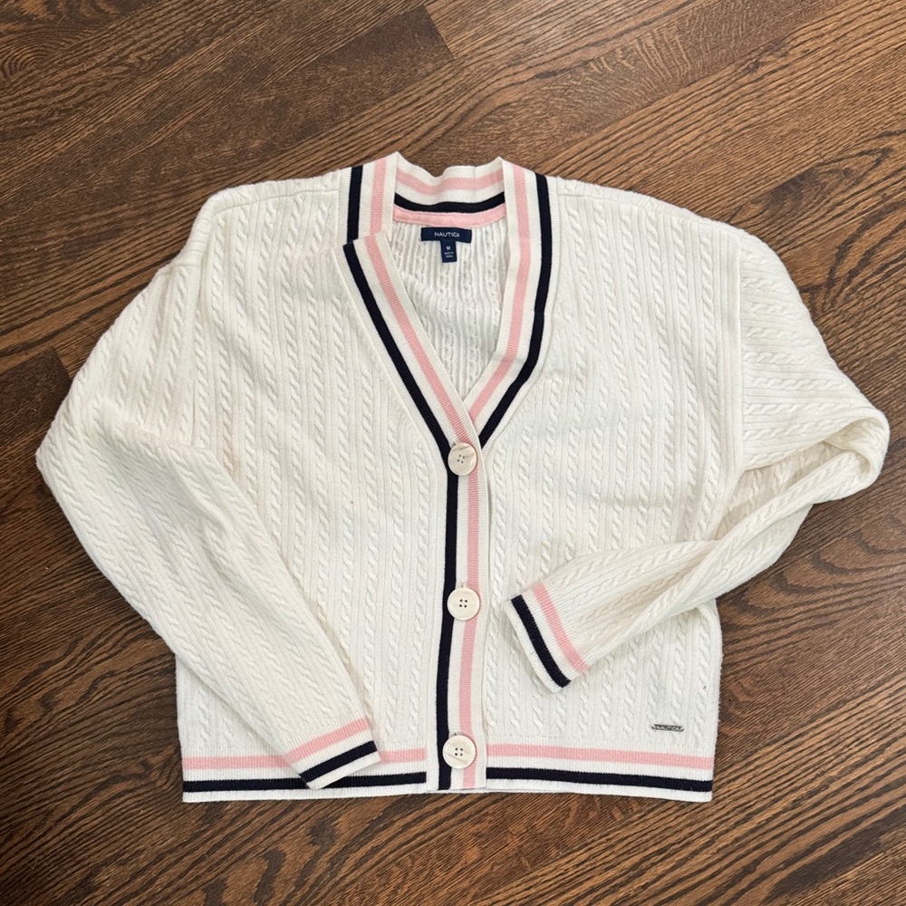 ‼️ Women's White Cardigan Sweater with Pink and Navy Accents ‼️